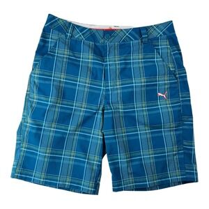 Puma Dry Cell Blue w/ Yellow & Red Check Polyester Spandex Golf Shorts Sz 32X10